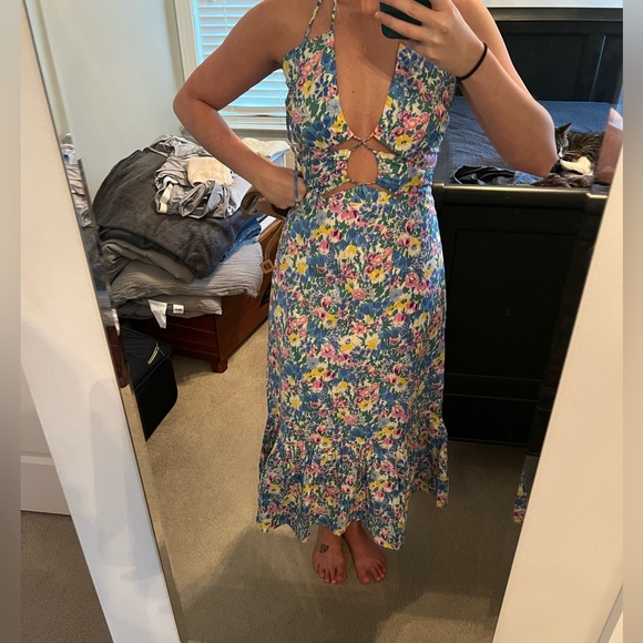 Blue Floral Drawstring Halter Midi Dress - Picture 3 of 3